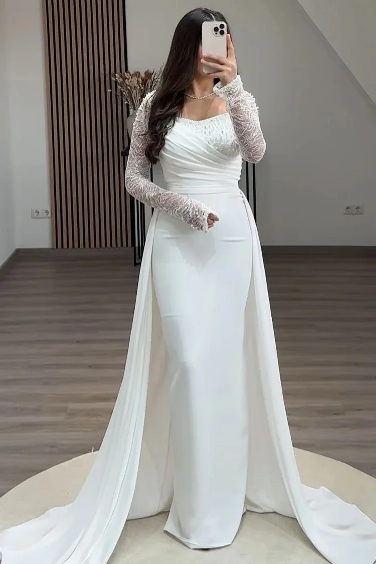 Square Neck Long Sleeves High Waist Long Pleated Mermaid Prom Dress With Beadings And Ruffles YS0057