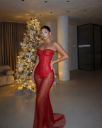 Red Tulle Strapless Sleeveless Long Mermaid Prom Dress With Sequins And Corset YK0682