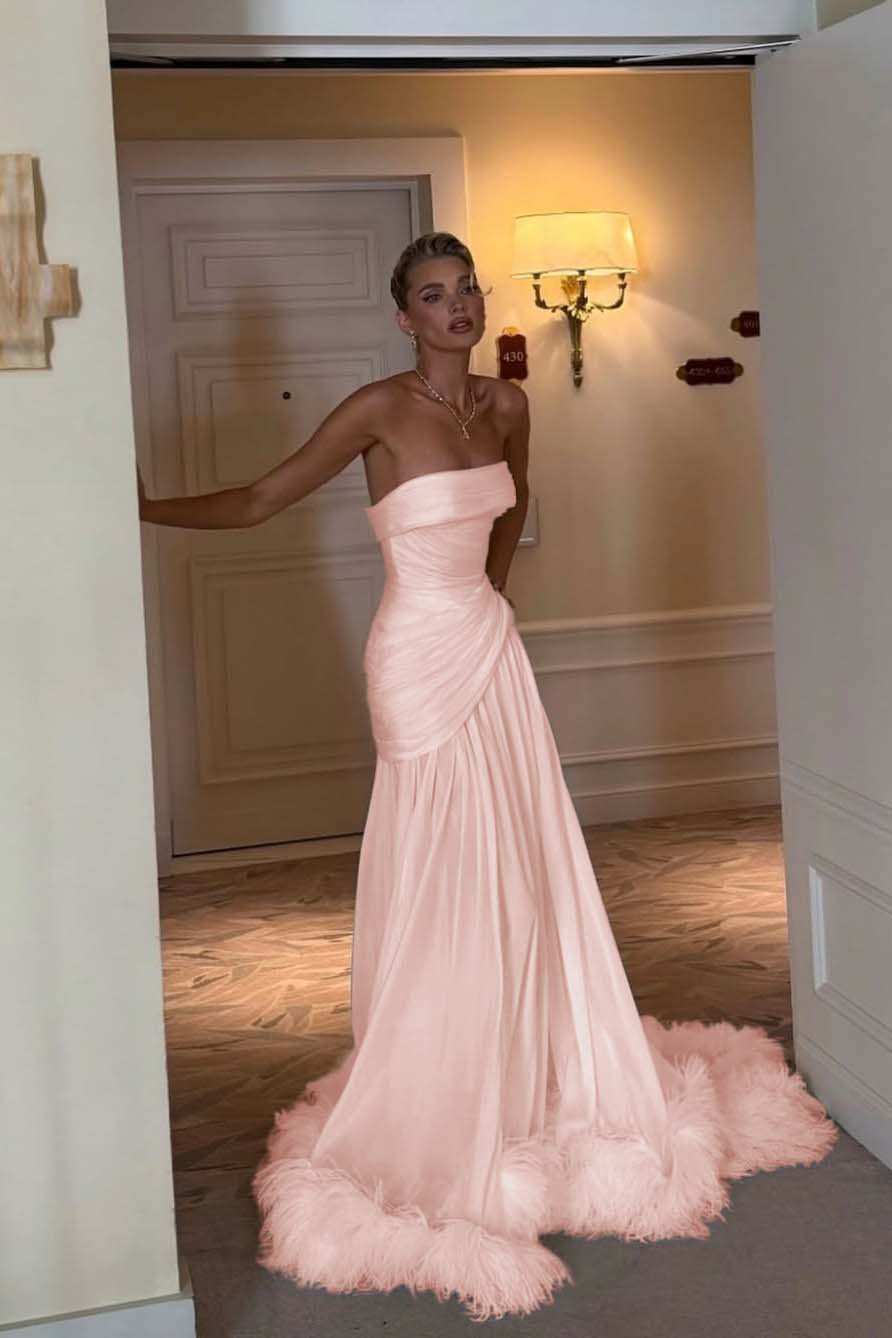 Cocoslly Strapless Sleeveless Long Pleated Prom Dress With Feathers | Ivory Satin ZA0210