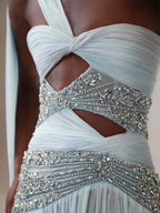 Cocoslly One Shoudler Sleeveless High Waist Long Prom Dress With Rhinstone | Ice White Chiffon YK1281