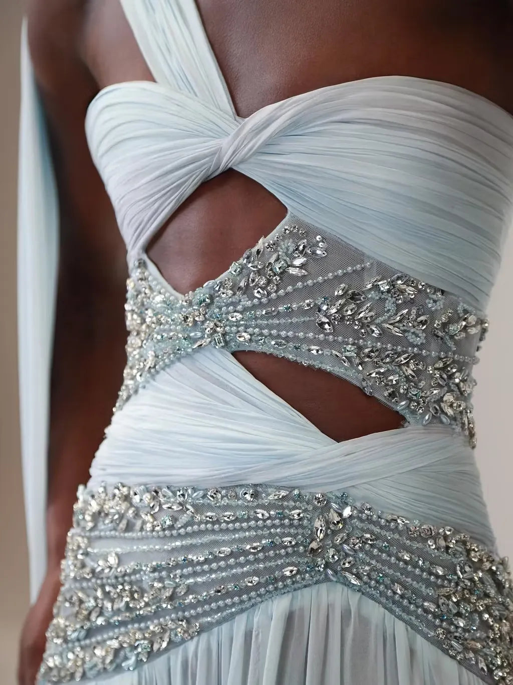 Cocoslly One Shoudler Sleeveless High Waist Long Prom Dress With Rhinstone | Ice White Chiffon YK1281