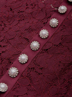 Wine Red Buckle Lace Classic Mock Neck Short Sleeve Mermaid Maxi Dress