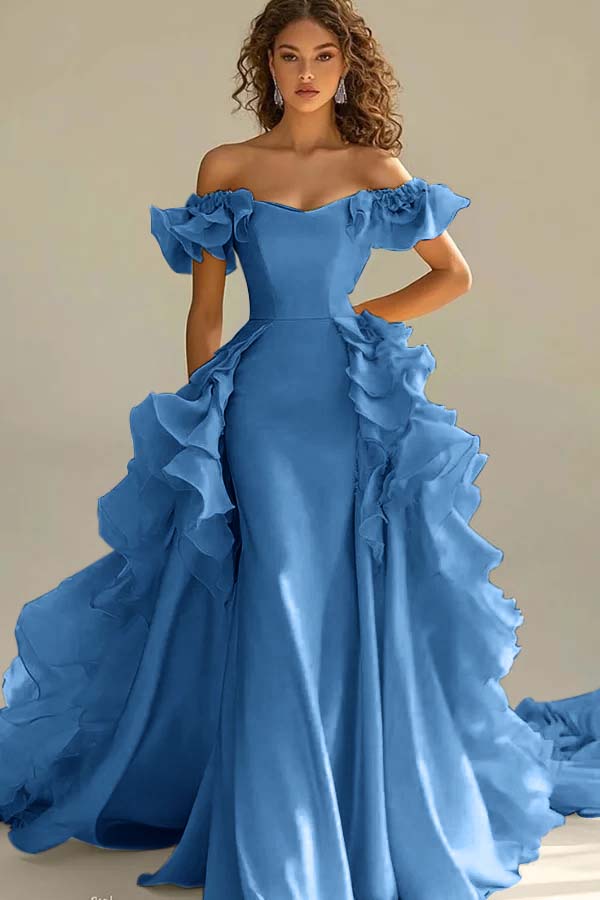 Off the Shoulder Sleeveless Long Mermaid Prom Dress With Ruffles JQ0149