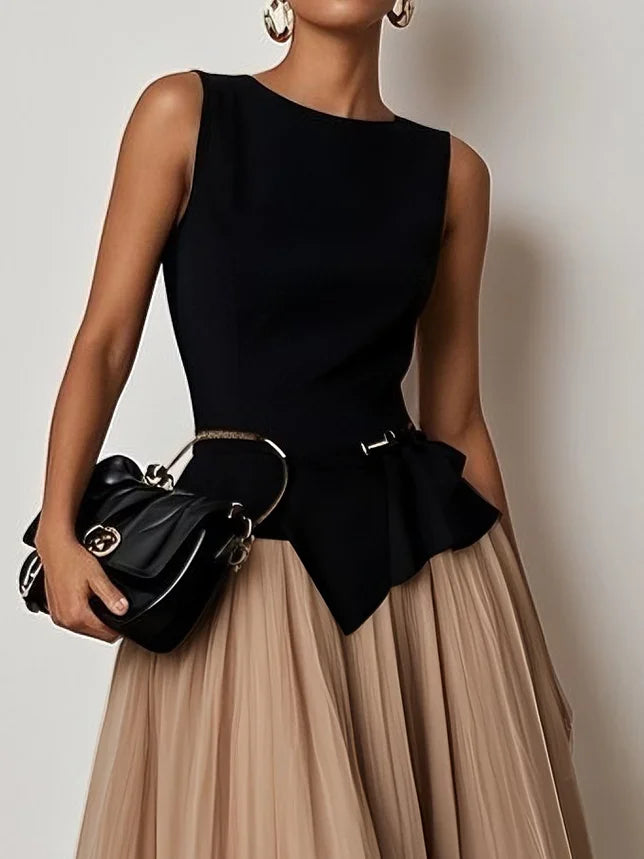 Light Khaki Pleated Asymmetrical Boat Neck Top with Skirt Two-Piece Set With Belt
