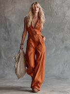 Casual Fashion Western V-neck Front-button Sleeveless Rust-orange Cotton Jumpsuit
