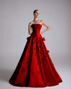Satin Strapless Sleeveless Long A-Line Prom Dress With Flower Appliqués And Beadings YK0682
