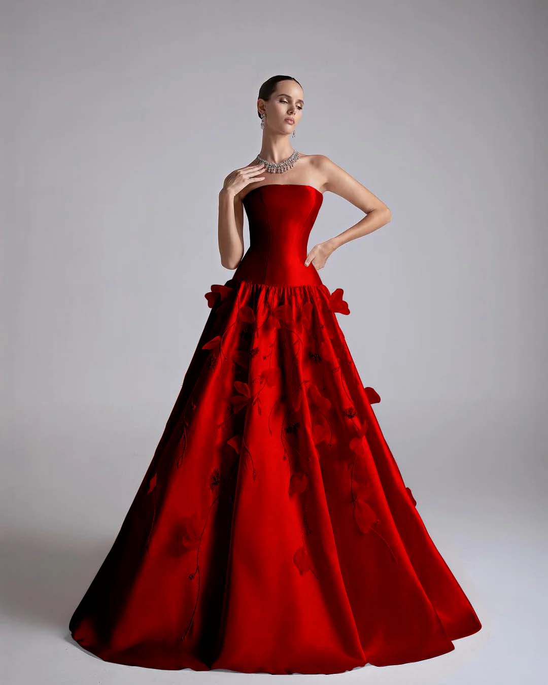 Satin Strapless Sleeveless Long A-Line Prom Dress With Flower Appliqués And Beadings YK0682