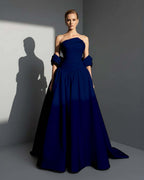 Satin Asymmetric Strapless Sleeveless Long Pleated A-Line Prom Dress With Beadings And Ruffles YK0766