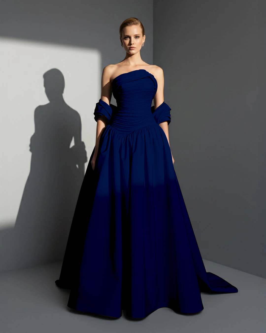 Satin Asymmetric Strapless Sleeveless Long Pleated A-Line Prom Dress With Beadings And Ruffles YK0766