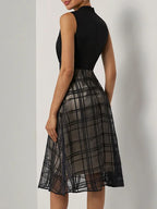 Black Organza Plaid Classic Mock Neck Sleeveless A-Line Midi Dress