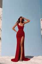 Sequins One Shoulder Sleeveless Long Prom Dress With Split Pleated WQ0183