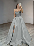 Satin Sweetheart Sleeveless Long Pleated A-Line Prom Dress With Rhinstone And Split YK0584