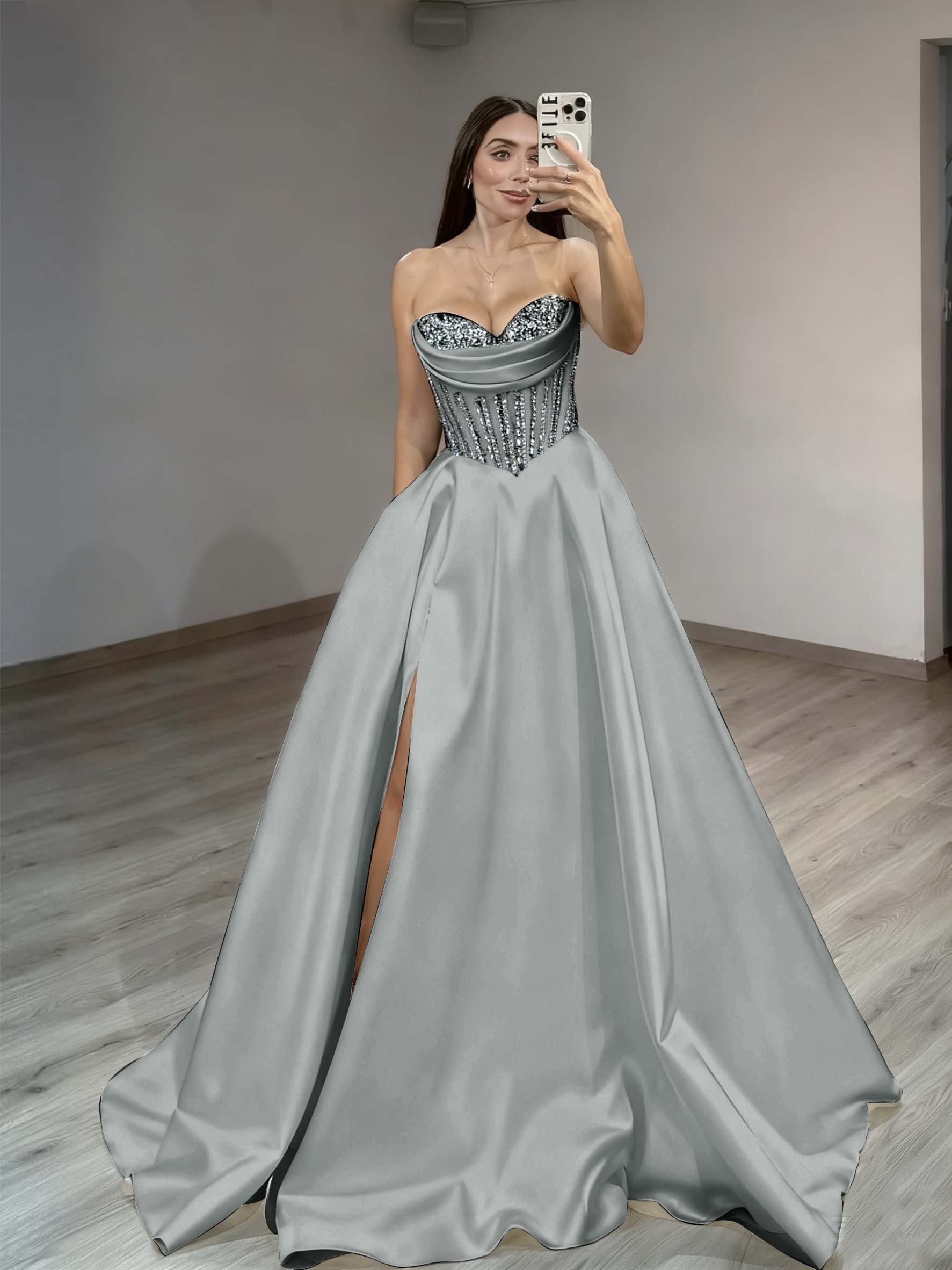 Satin Sweetheart Sleeveless Long Pleated A-Line Prom Dress With Rhinstone And Split YK0584