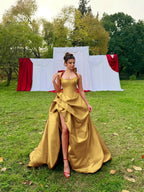 Satin Halter Neck Strapless Sleeveless Long A-Line Prom Dress With Pleated And Split YK0728