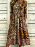 Vintage-inspired Animal Print Paisley Patchwork Linen Blend Casual Mid-sleeve Dress