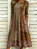 Vintage-inspired Animal Print Paisley Patchwork Linen Blend Casual Mid-sleeve Dress