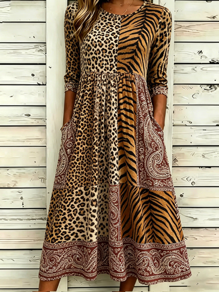 Vintage-inspired Animal Print Paisley Patchwork Linen Blend Casual Mid-sleeve Dress