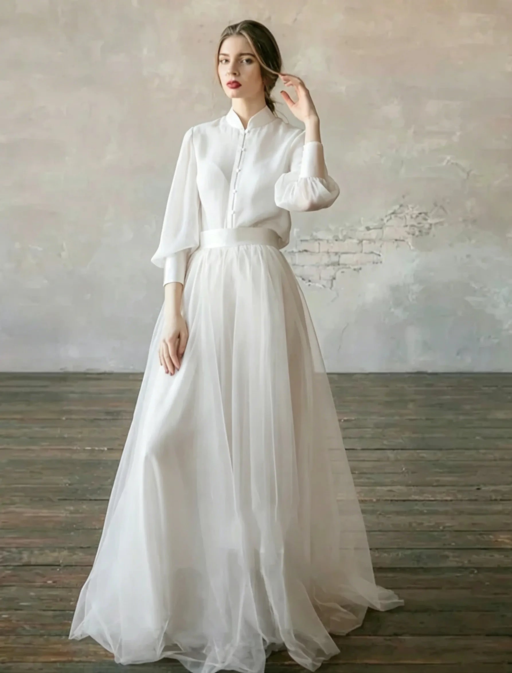Cocoslly High Neck Long Sleeves High Waist Long Prom Dress | Blushing Pink Tulle LR0409