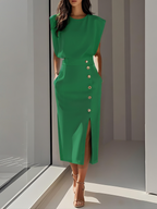 Off White Button Side-Slit Classic Crew Neck Sleeveless Sheath Midi Dress With Pockets