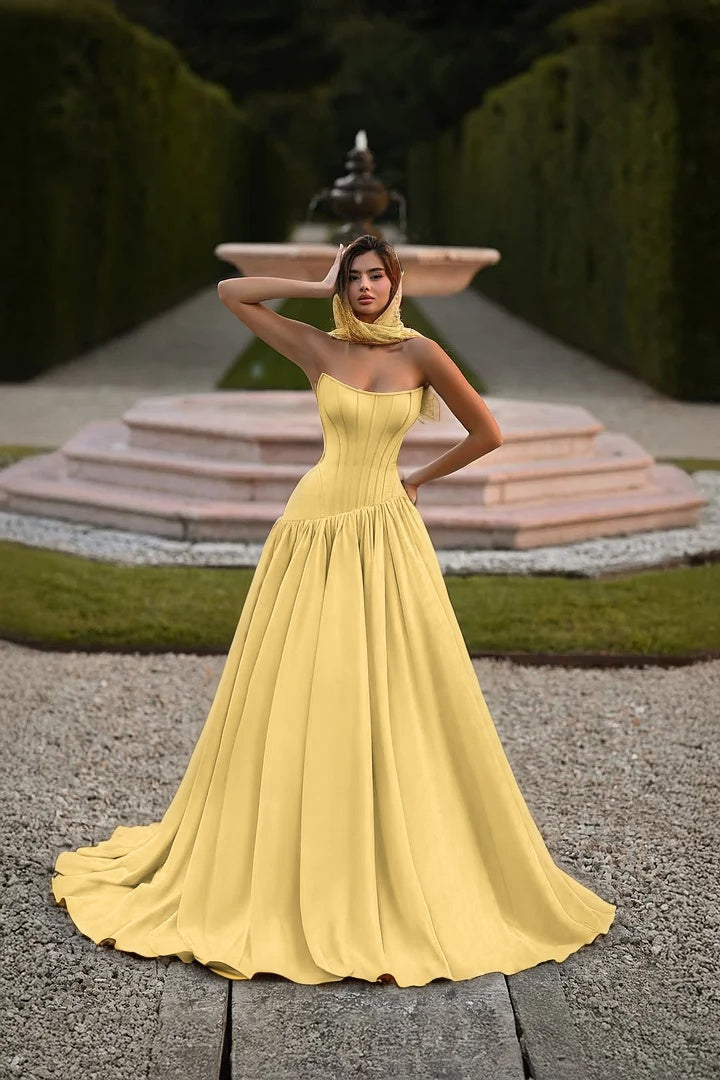 Satin Strapless Sleeveless Long A-Line Prom Dress With Pleated And Corset YK0797
