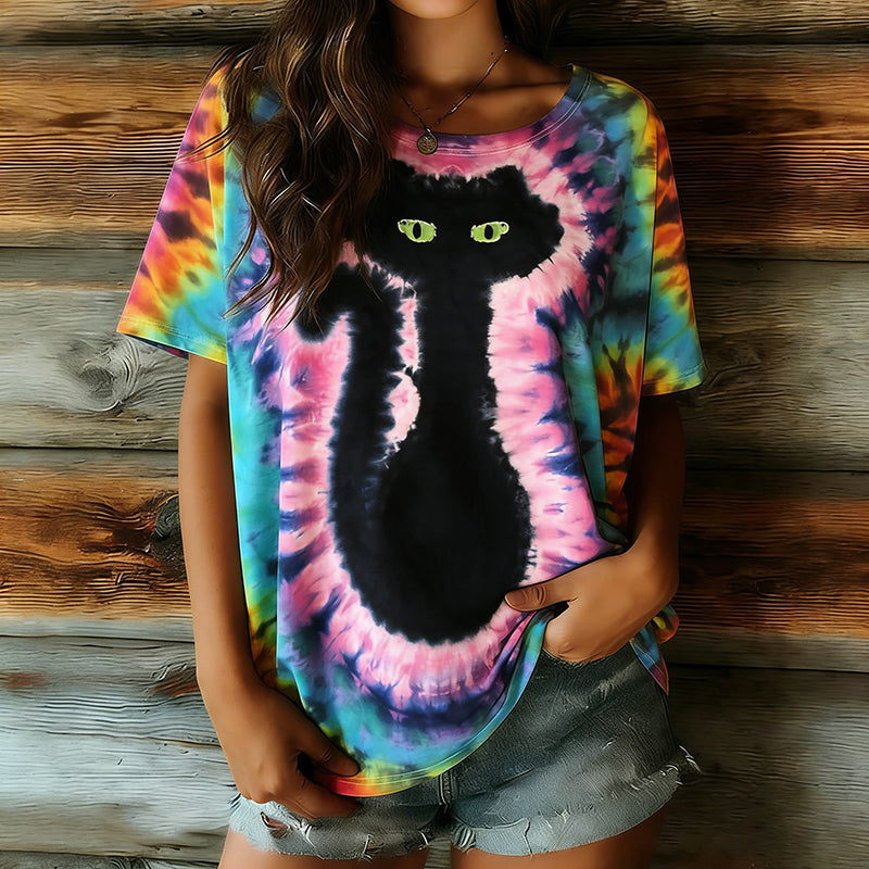 Women's Hippie Abstract Cat Tie-dye Pattern Casual T-shirt