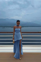 Cocoslly Strapless Split Holiday Summer Long Prom Dress With Scarf | White Satin And Chiffon ZT0604