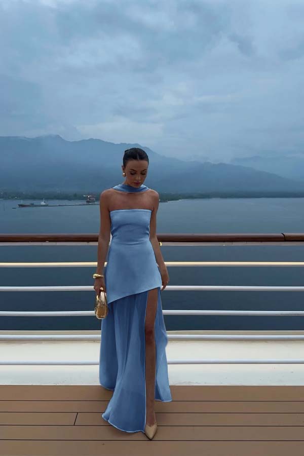 Cocoslly Strapless Split Holiday Summer Long Prom Dress With Scarf | White Satin And Chiffon ZT0604