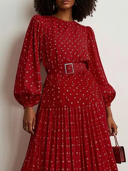 Red Pleated Polka Dots Classic Crew Neck Long Balloon Sleeve A-Line Midi Dress