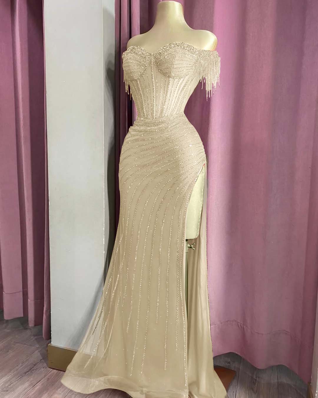 Off the Shoulder Sleeveless Long Split Prom Dress With Beading YK0161