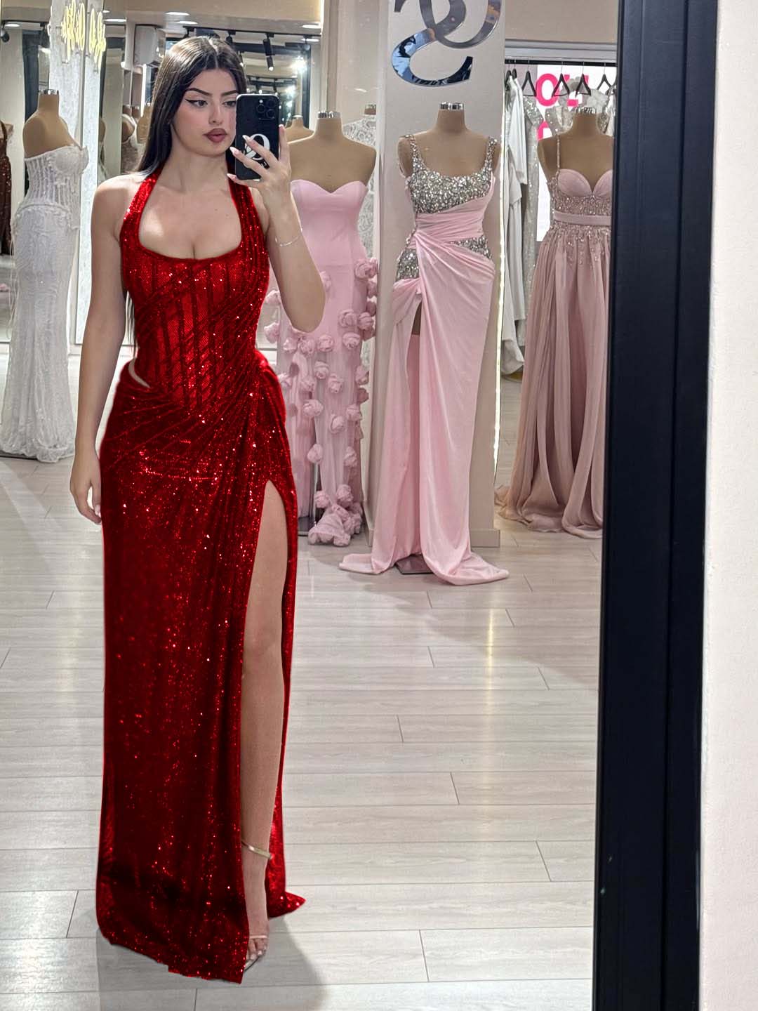 Sequins Halter Sleeveless Long Mermaid Prom Dress With Split YK0358