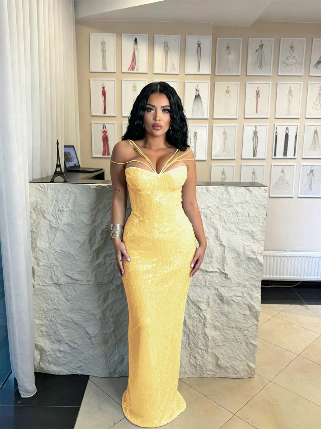 Cocoslly Spaghetti Straps Sleeveless High Waist Long Mermaid  Prom Dress | Brown Sequins YK0969