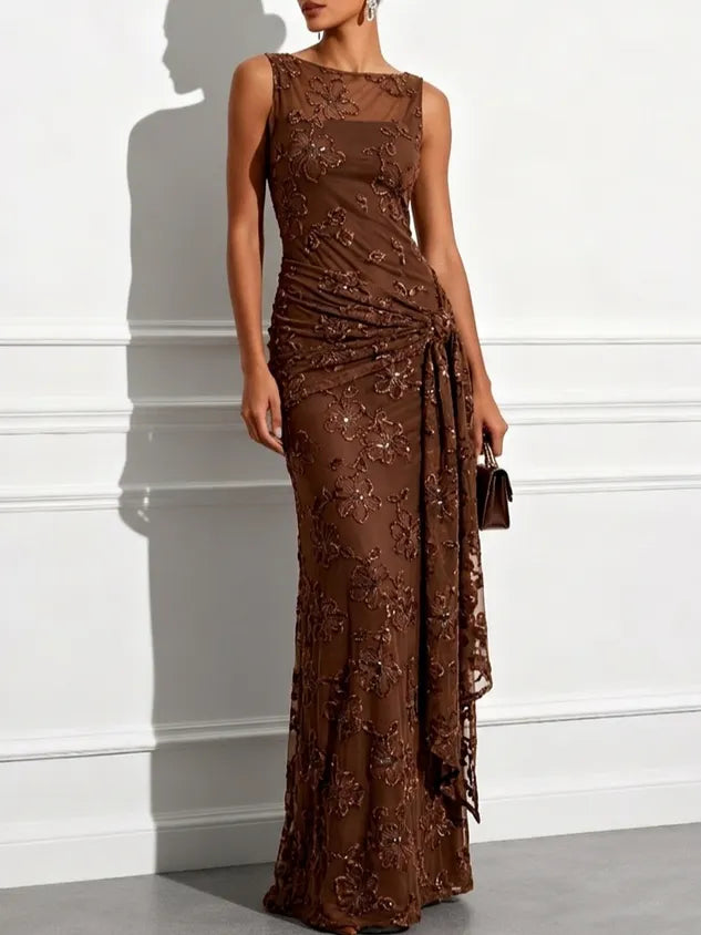 Brown Jacquard Classic Boat Neck Sleeveless Sheath Floor-length Gown Dress