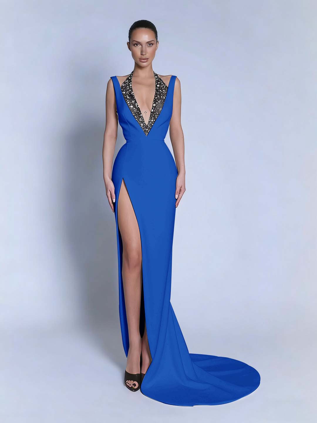 Halter V-Neck Wide Shoulder Straps Sleeveless Long Mermaid Prom Dress With Beadings And Split YK0734
