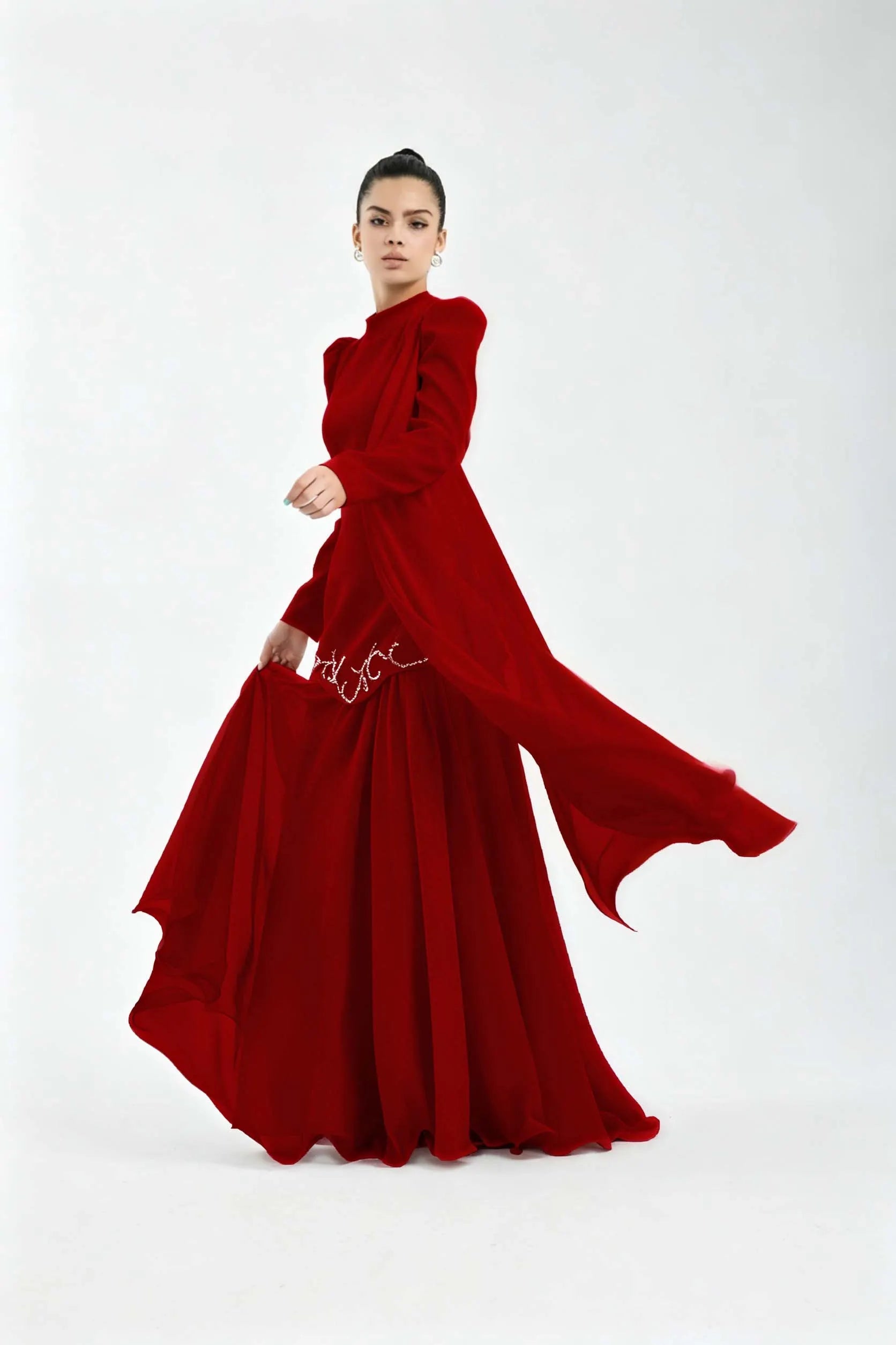 Cocoslly High Neck Long Sleeves High Waist Long Prom Dress With Rhinstone | Cabemet Chiffon LR0407