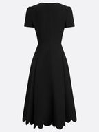Black Asymmetric Classic Scalloped Square Neck Short Sleeve A-Line Midi Dress