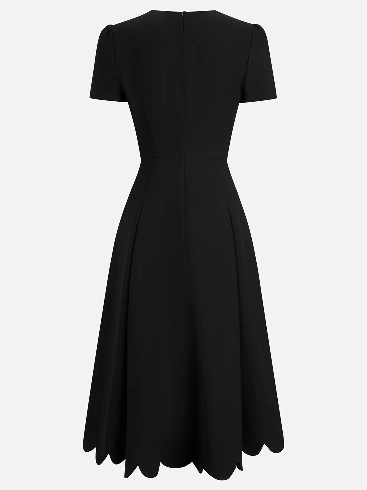 Black Asymmetric Classic Scalloped Square Neck Short Sleeve A-Line Midi Dress