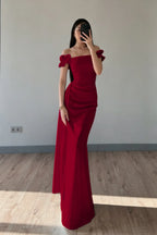 Cocoslly Off-The-Shoulder Sleeveless High Waist Long Mermaid Prom Dress | Baby Blue Satin ZT0711
