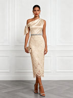 Champagne Rhinestone Bow Satin One Shoulder Short Sleeve Sheath Midi Dress