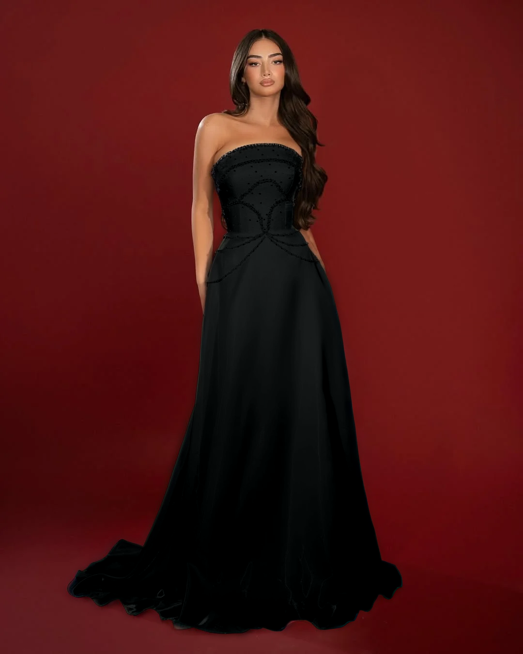 Satin Strapless Sleeveless High-Waisted Long A-Line Prom Dress With Beadings YK0662