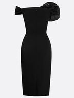 Black 3D Floral Beaded Classic Off The Shoulder Short Sleeve Sheath Midi Dress