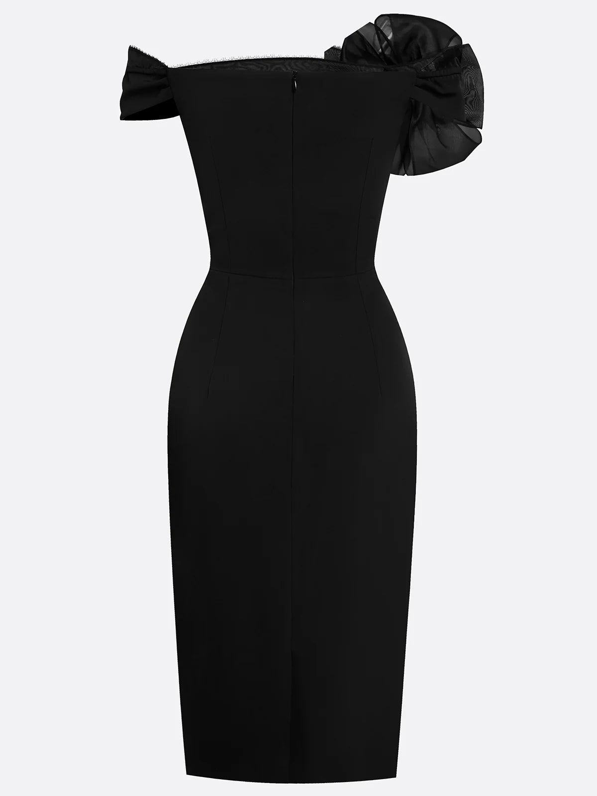 Black 3D Floral Beaded Classic Off The Shoulder Short Sleeve Sheath Midi Dress