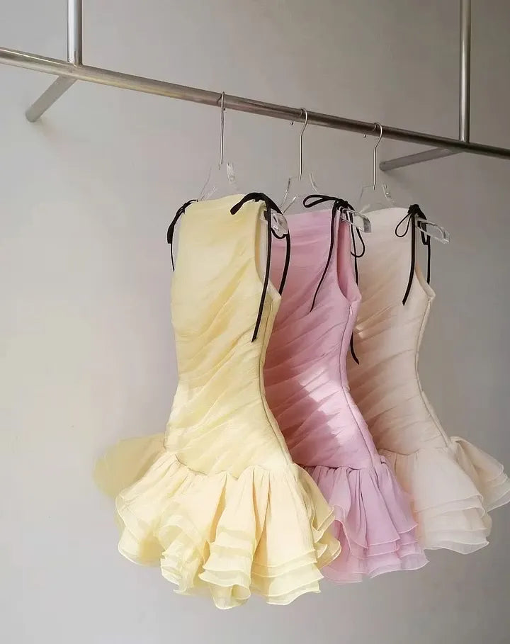Cocoslly Strapless Sleeveless High Waist Short Prom Dress With Ruffles | Creme Yellow Chiffon ZT0821