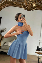 Cocoslly Strapless Sleeveless High Waist Short Prom Dress With Flower | Red Satin ZT0783