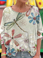 Women's Floral And Dragonfly Art Print Long Sleeve Tops