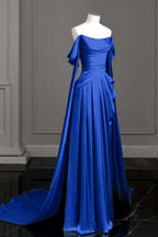 Cocoslly Off-The-Shoulder Pleated Long Prom Dress With Trailing On Both Sides | Purple Satin ZT0580