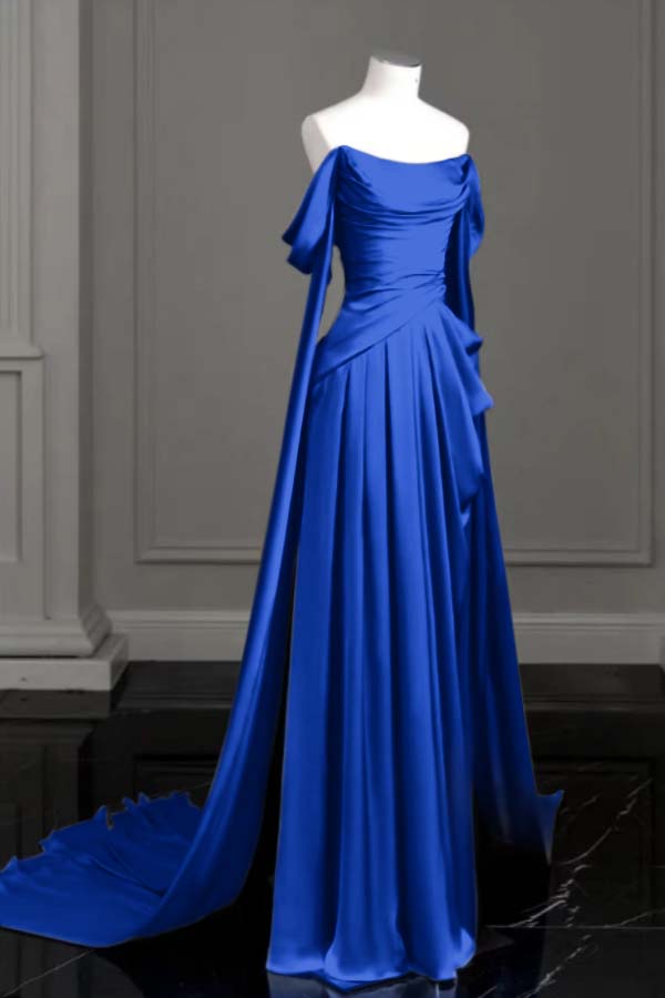 Cocoslly Off-The-Shoulder Pleated Long Prom Dress With Trailing On Both Sides | Purple Satin ZT0580