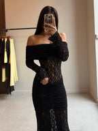 Cocoslly Off-The-Shoulder Long Sleeves High Waist Long Mermaid Prom Dress | Black Chiffon CO0125