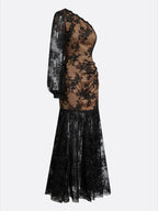 Black Embroidery Lace One Shoulder Long Sleeve Mermaid Maxi Dress