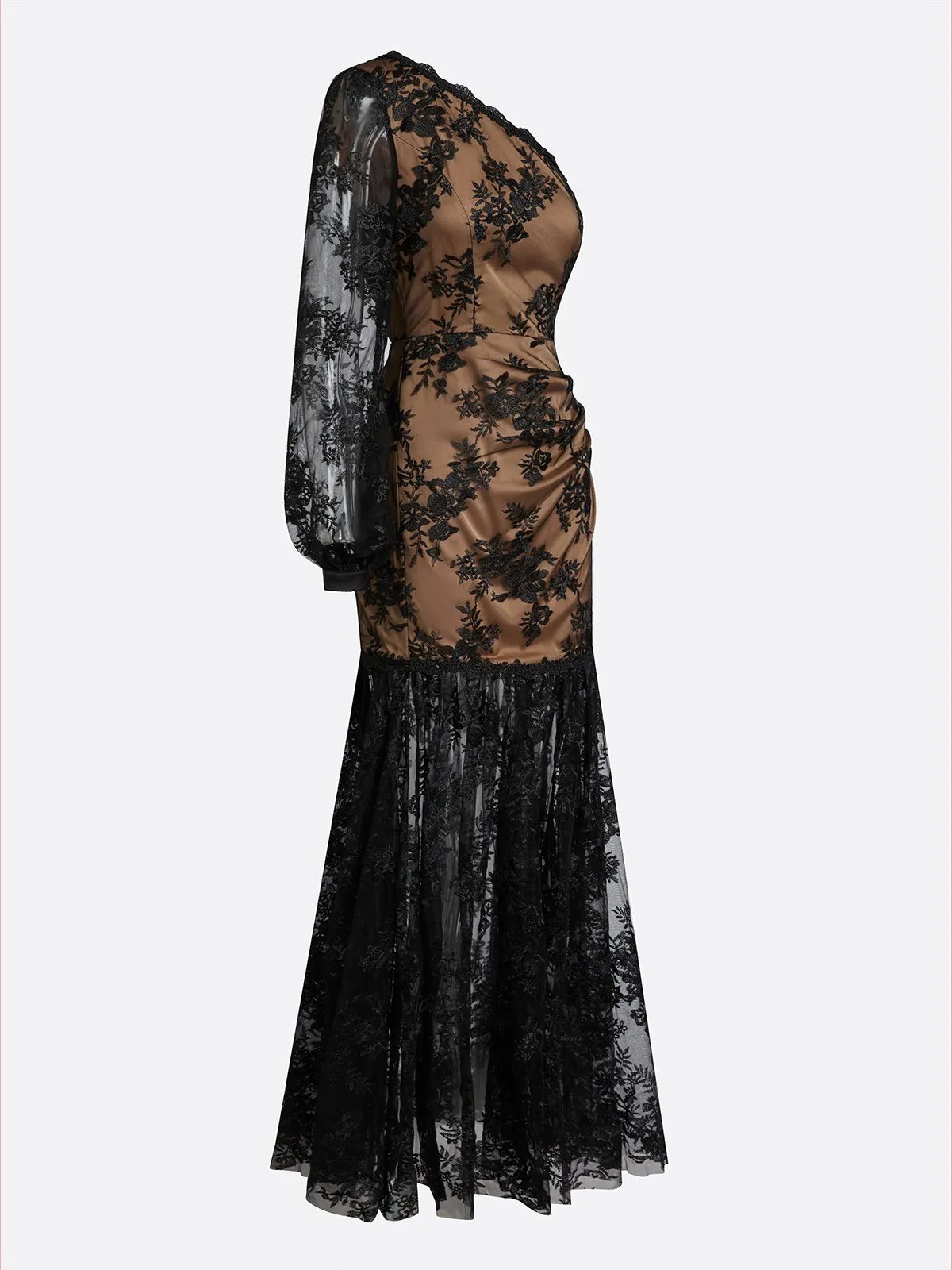 Black Embroidery Lace One Shoulder Long Sleeve Mermaid Maxi Dress