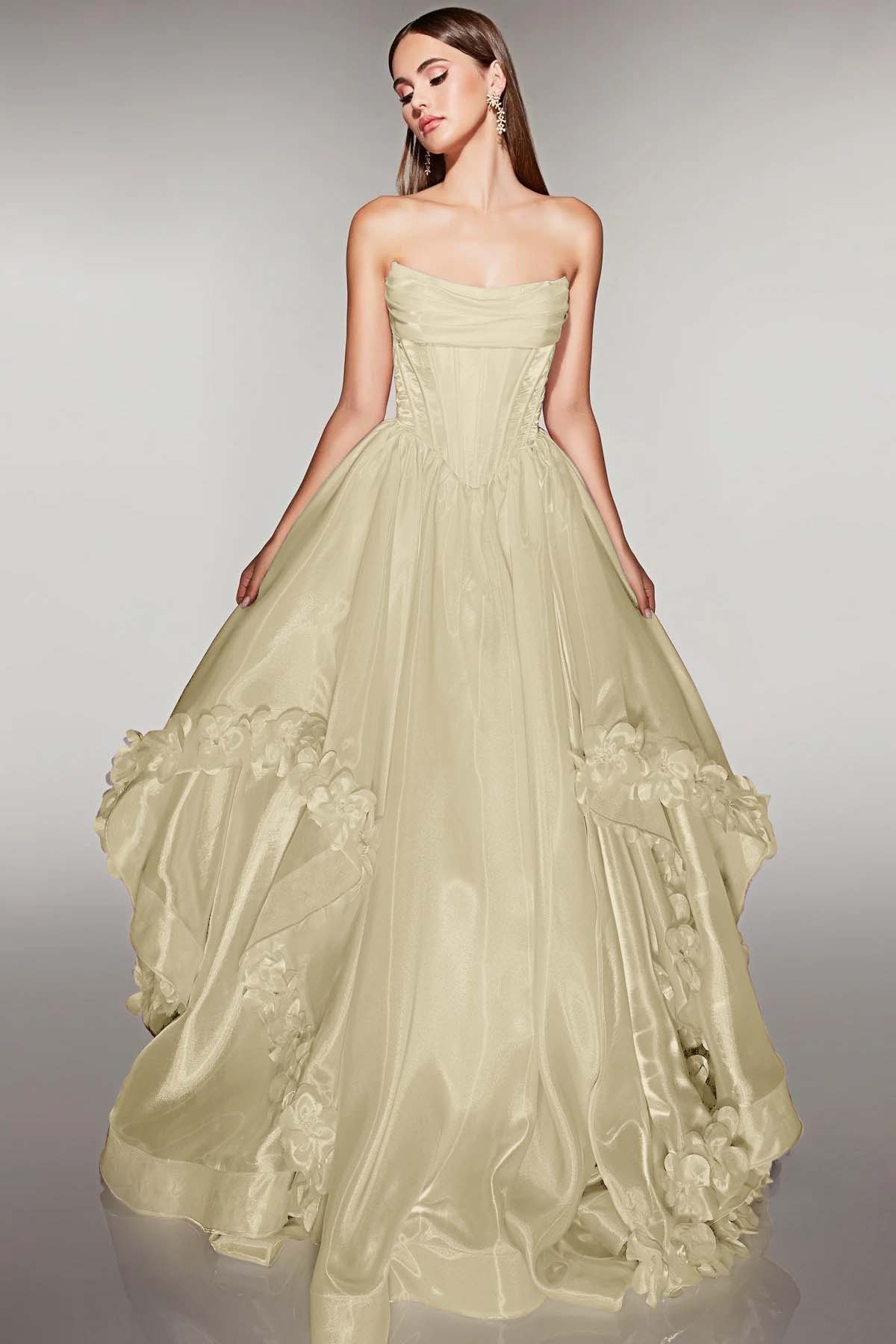 Cocoslly Strapless Sleeveless High Waist Long A Line Prom Dress With Flowers | Pink Satin